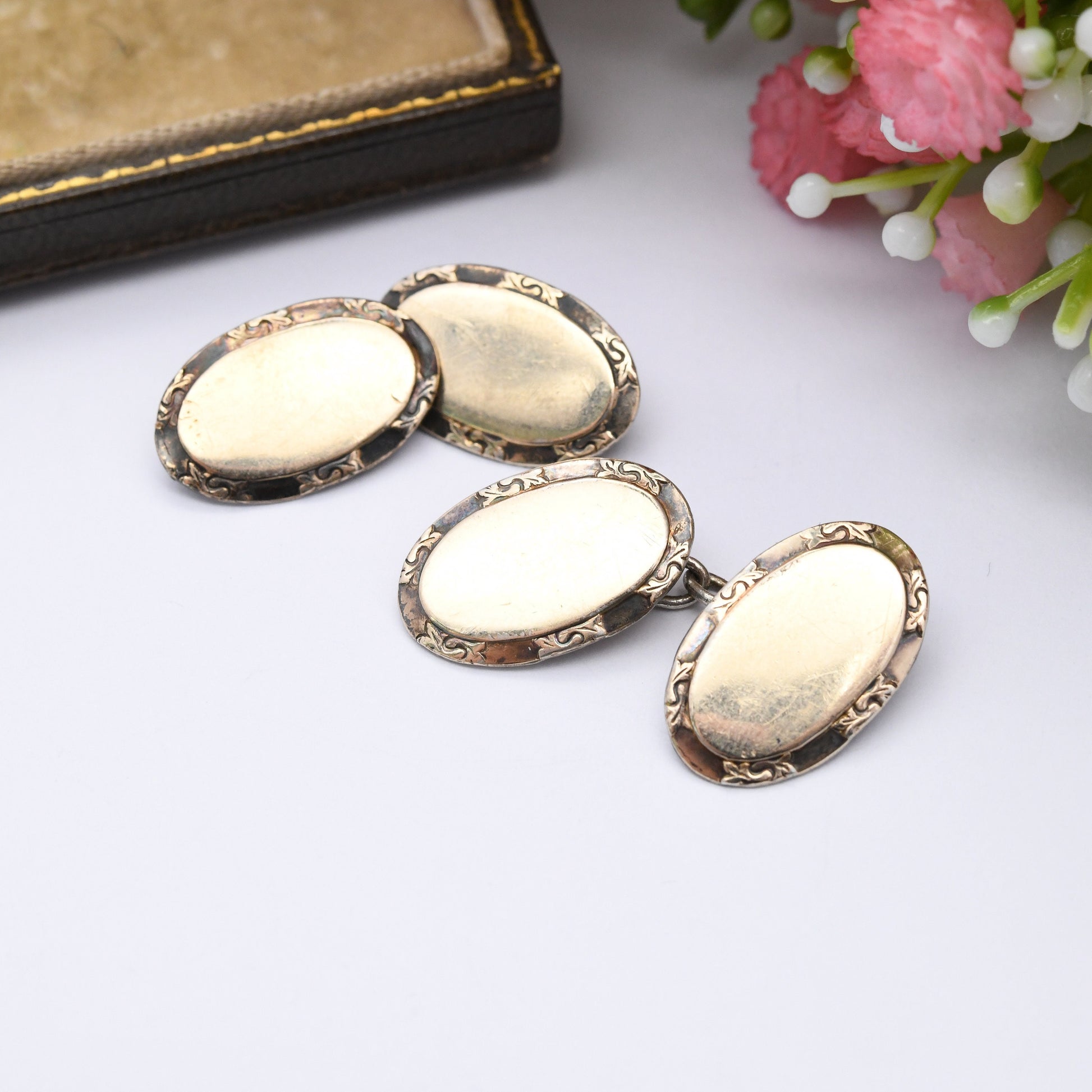 Vintage Gold Plated Sterling Silver Cufflinks - Ornate Oval Border | Antique Victorian Style