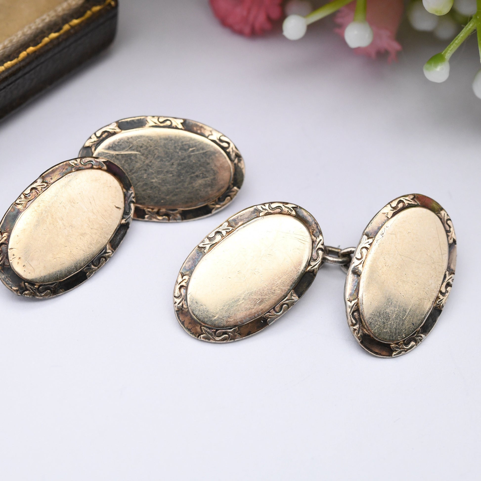 Vintage Gold Plated Sterling Silver Cufflinks - Ornate Oval Border | Antique Victorian Style