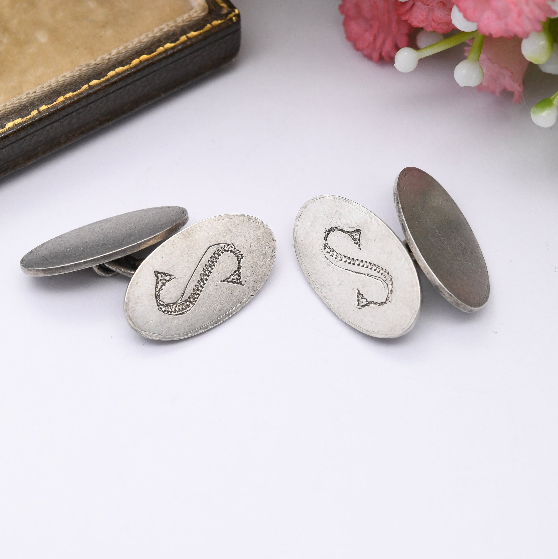 Vintage Sterling Silver Letter S Cufflinks - Hand Engraved S | Mid-Century Minimalist Silver | Gift for Him