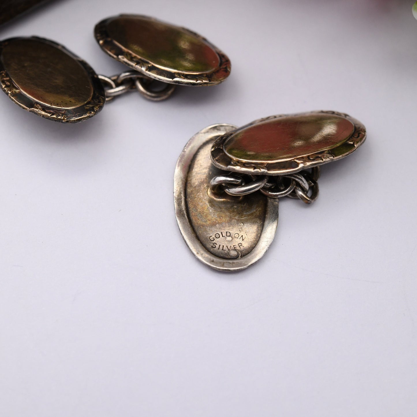 Vintage Gold Plated Sterling Silver Cufflinks - Ornate Oval Border | Antique Victorian Style