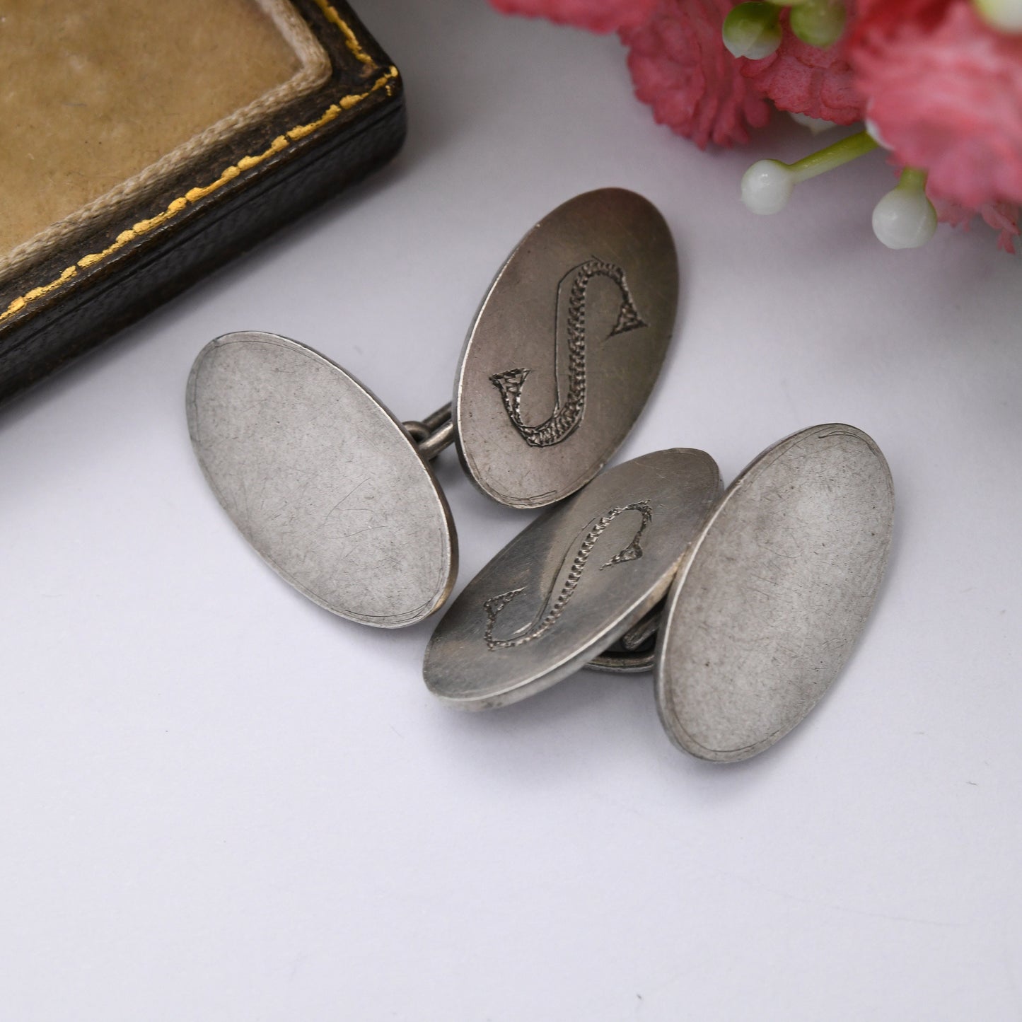 Vintage Sterling Silver Letter S Cufflinks - Hand Engraved S | Mid-Century Minimalist Silver | Gift for Him