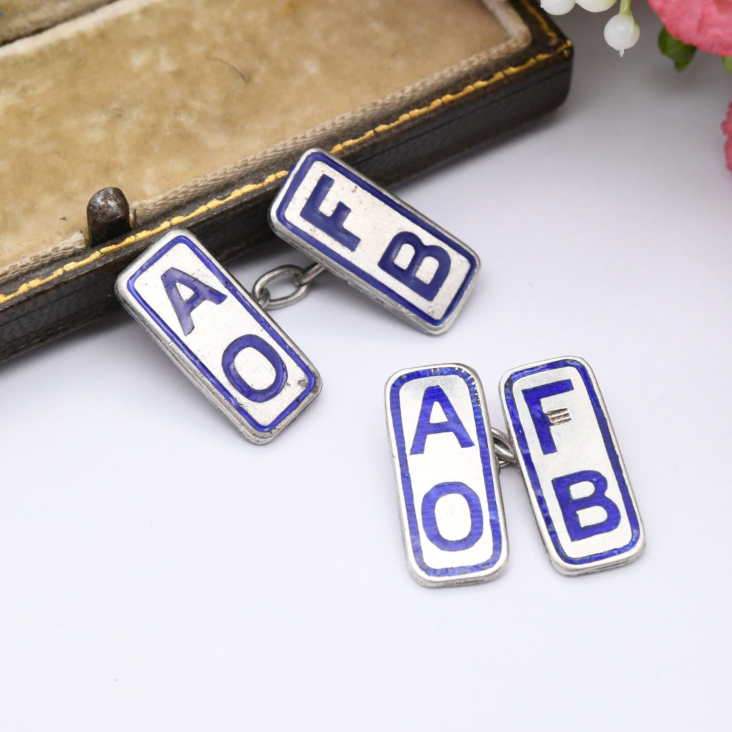 Antique Ancient Order of Froth Blowers Sterling Silver Cufflinks by Birmingham Medal Company - Blue Enamel AO FB | Novelty Beer Club