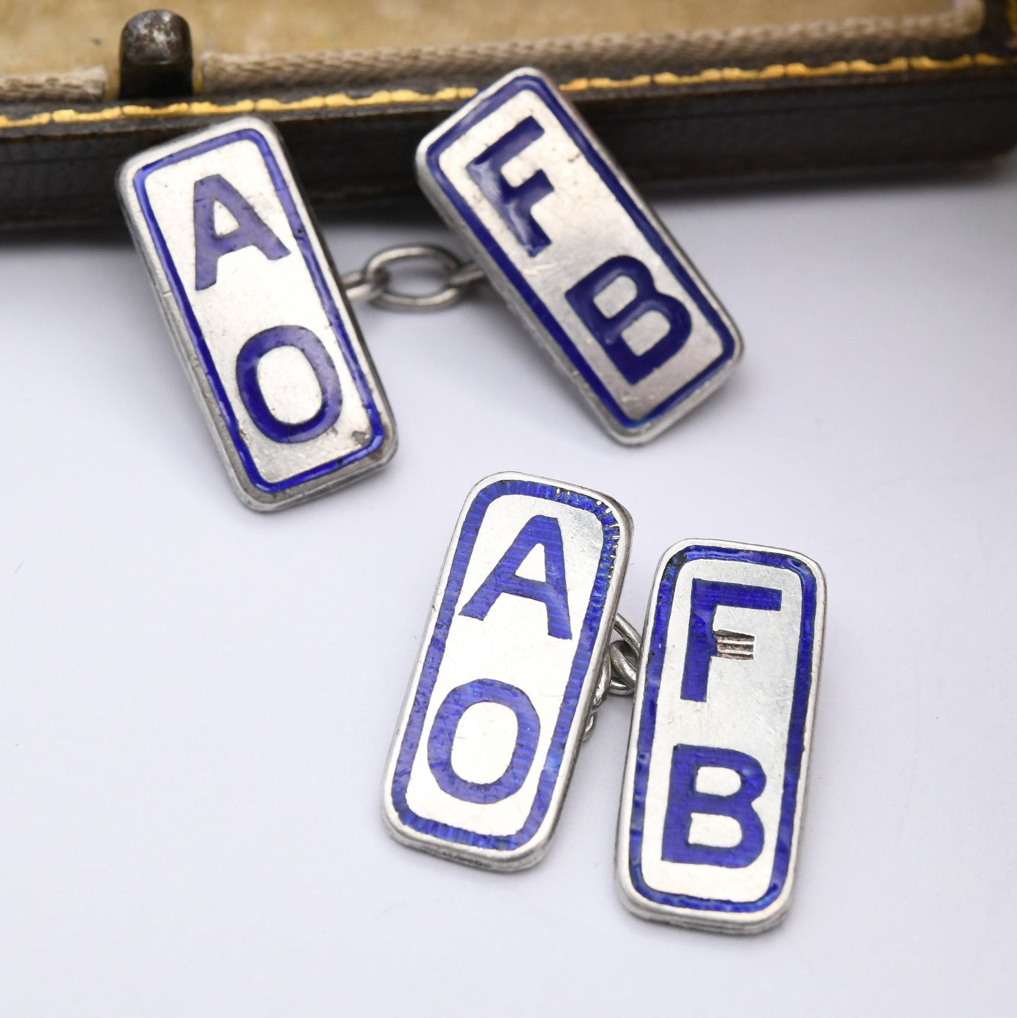 Antique Ancient Order of Froth Blowers Sterling Silver Cufflinks by Birmingham Medal Company - Blue Enamel AO FB | Novelty Beer Club