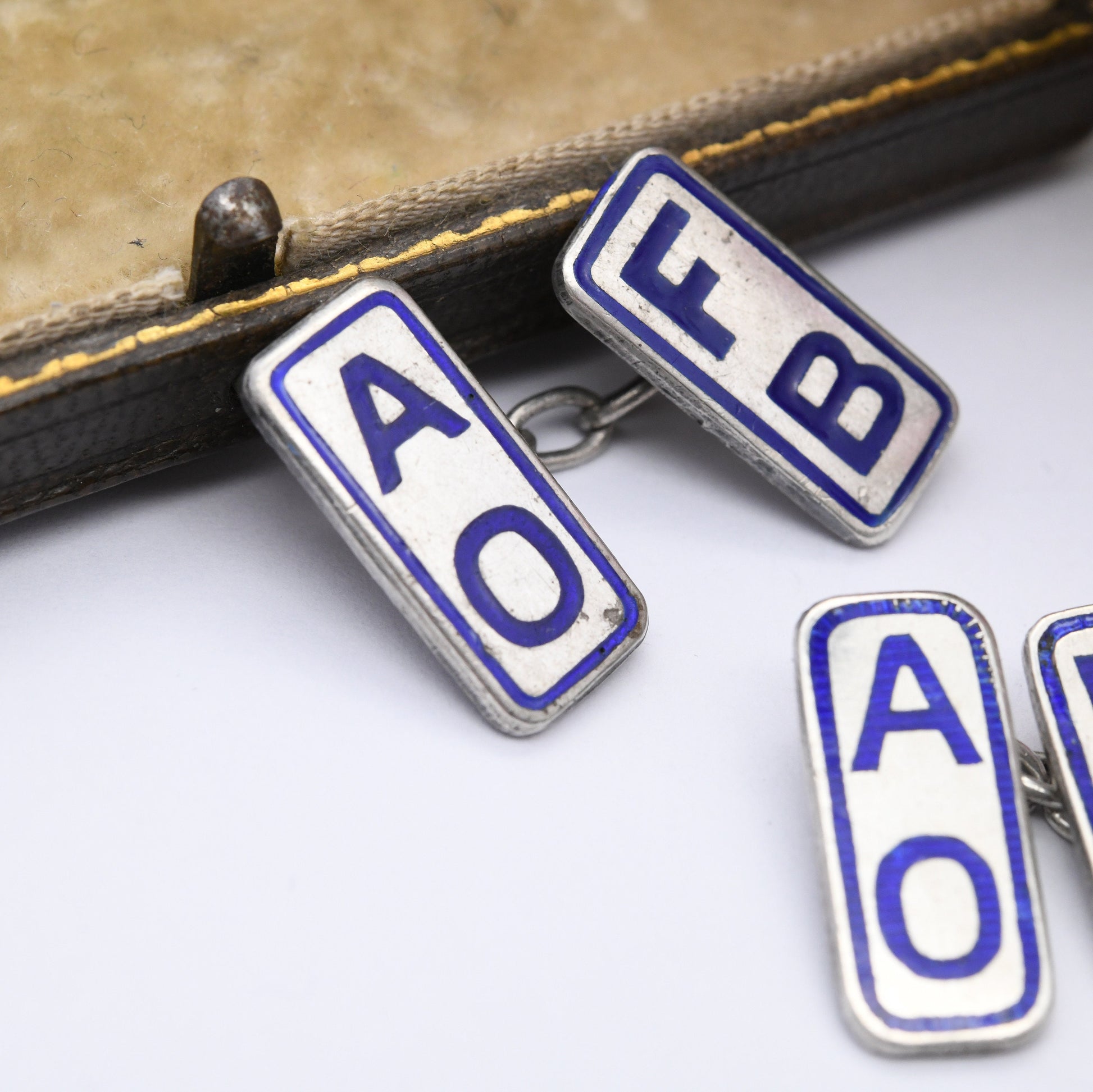 Antique Ancient Order of Froth Blowers Sterling Silver Cufflinks by Birmingham Medal Company - Blue Enamel AO FB | Novelty Beer Club