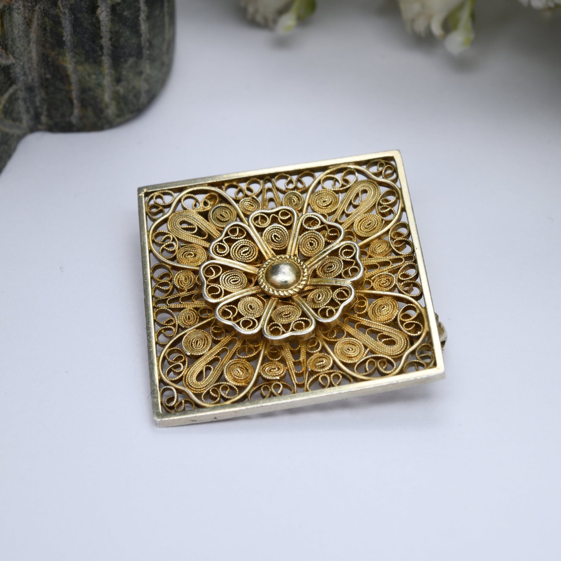 Vintage Denmark Sterling Silver Filigree Brooch Signed LB - Openwork Flower Knot | Gold Plated | Scandinavian Silver