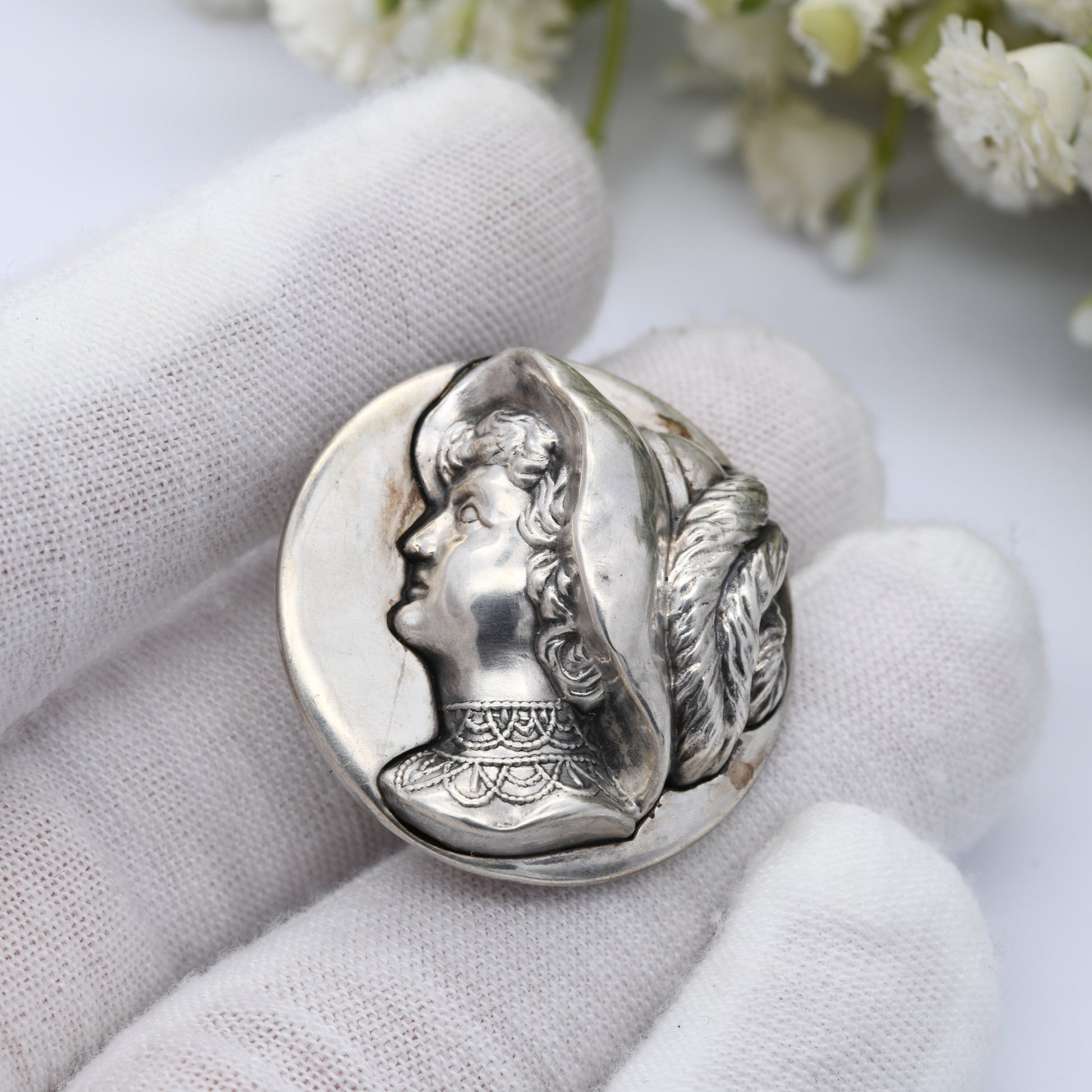 Antique Edwardian Woman Brooch 1909 by Arthur Johnson Smith - Repoussé Silver | Raised Relief Detailed Profile Face in Antique Hat