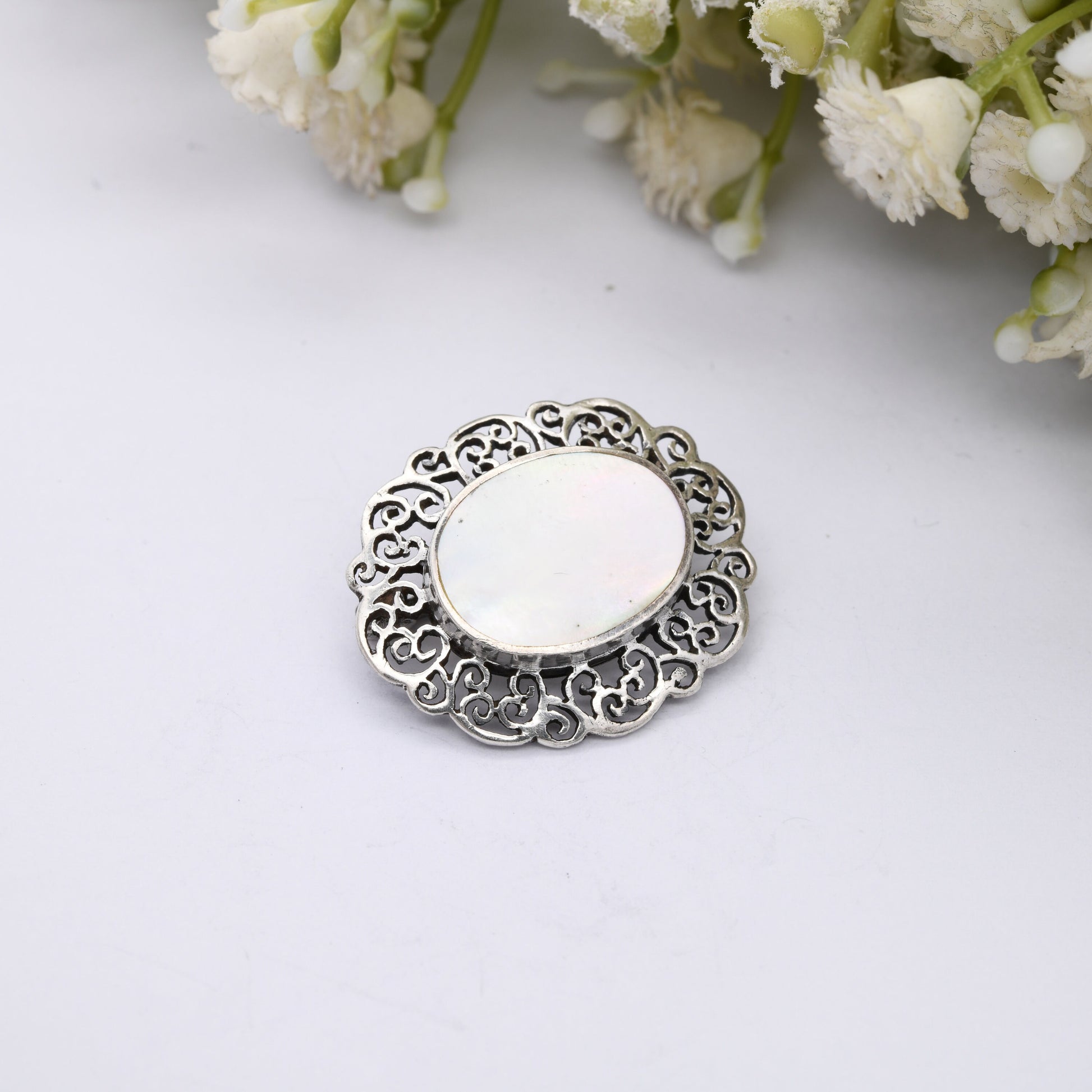 Vintage Sterling Silver Mother of Pearl Brooch - Ornate Scrolling Design | Oval Shape