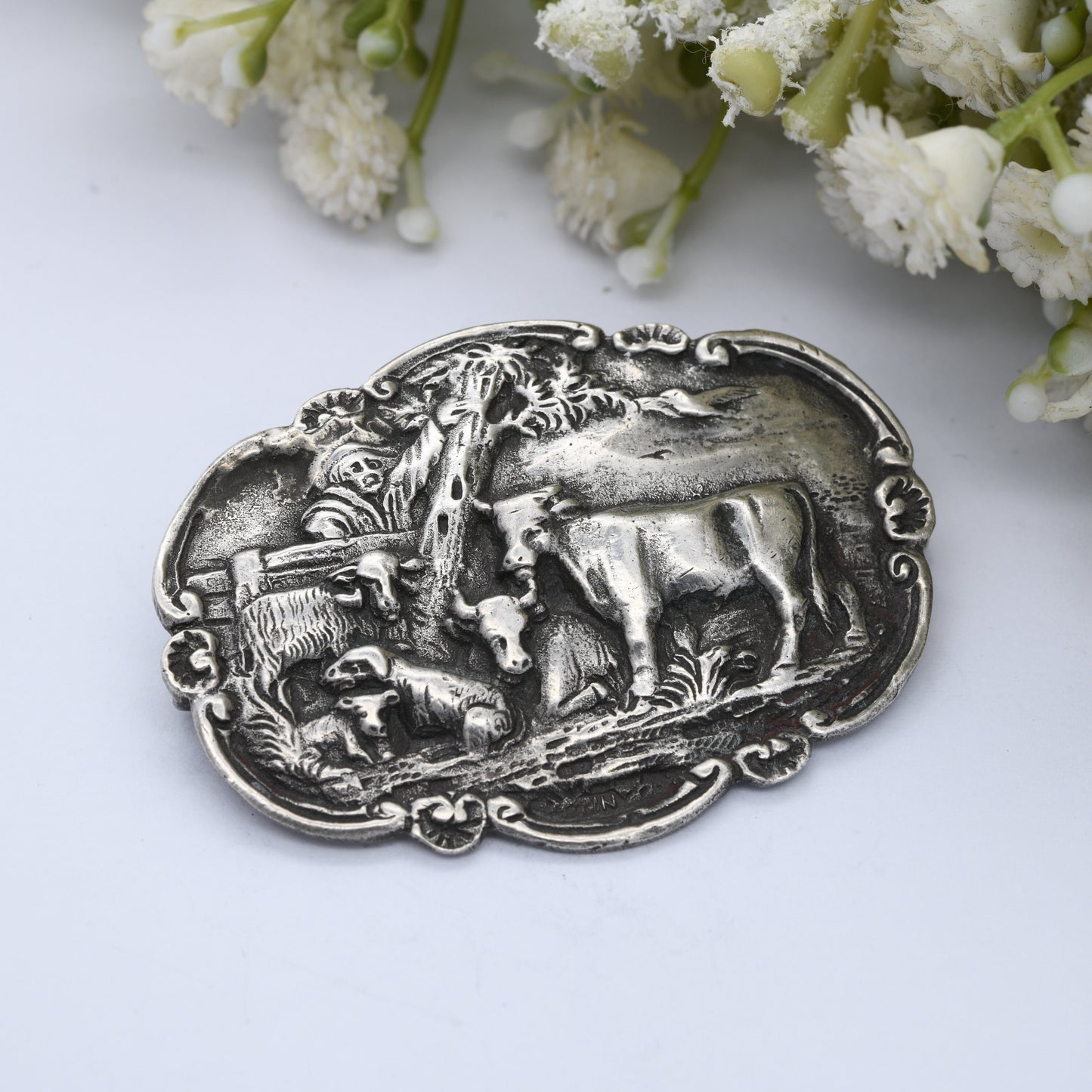 Vintage Dutch Silver Brooch - Cows Under Tree Scene | Netherlands Holland Souvenir Jewellery | Antique Rural Style Scene | Countryside