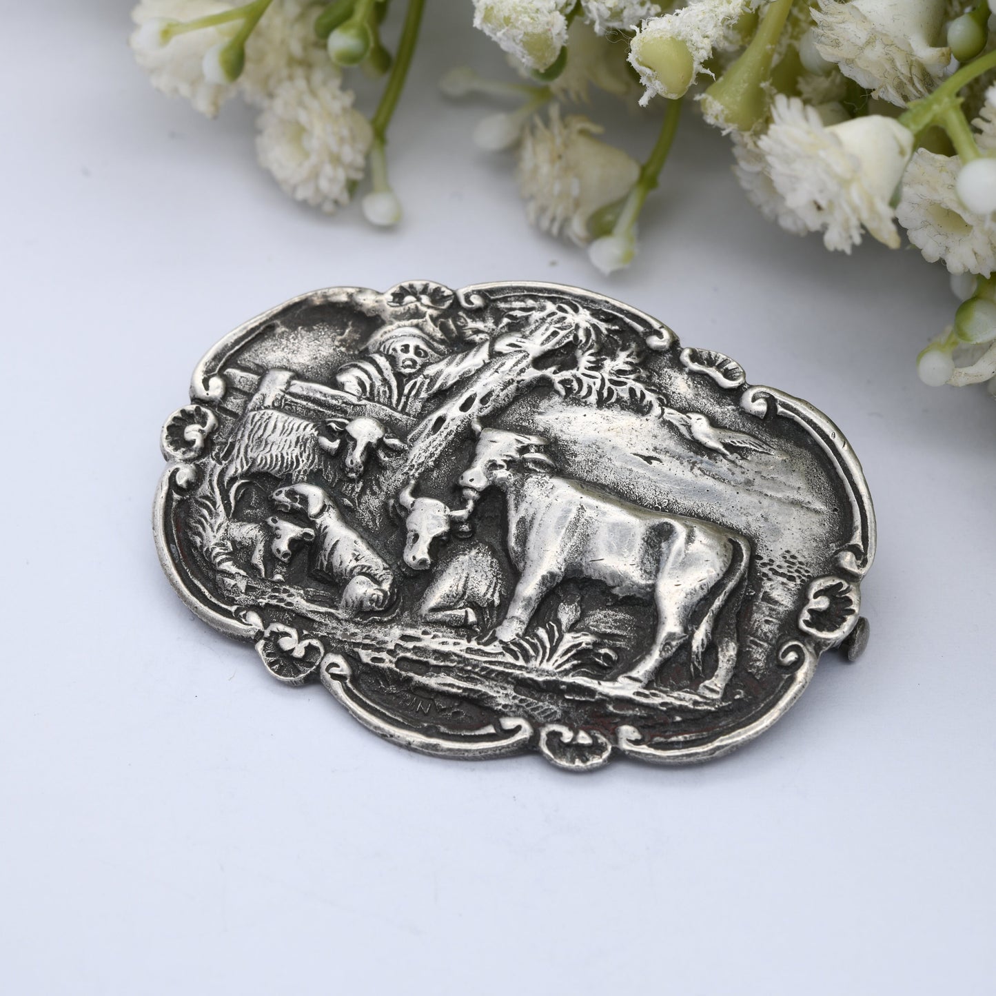 Vintage Dutch Silver Brooch - Cows Under Tree Scene | Netherlands Holland Souvenir Jewellery | Antique Rural Style Scene | Countryside