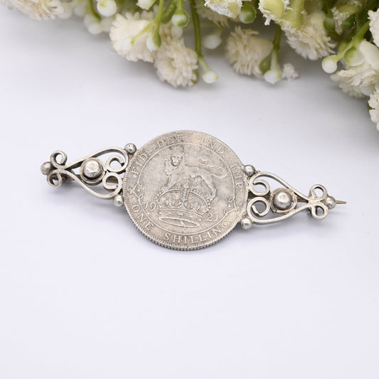 Antique Silver George V 1921 One Shilling Coin Brooch - Unusual Ornate Mount | Silver Coin Jewellery