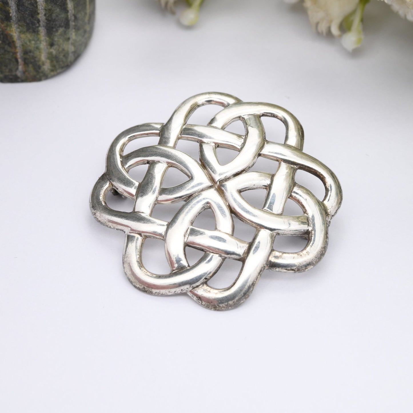 Vintage Sterling Silver Celtic Knot Brooch - Four Sided Knotted Silver