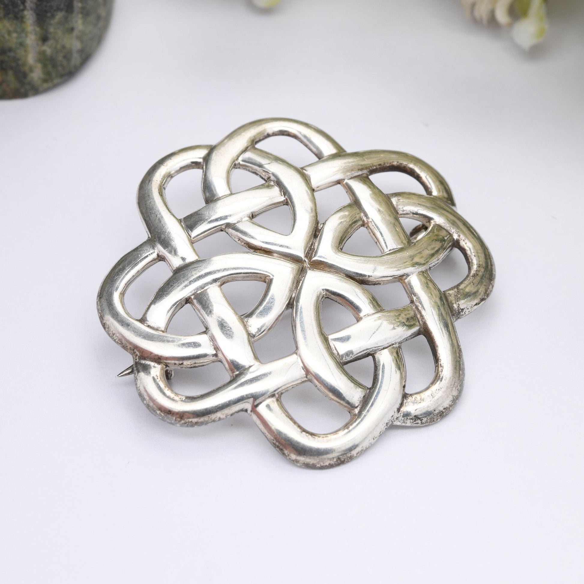 Vintage Sterling Silver Celtic Knot Brooch - Four Sided Knotted Silver