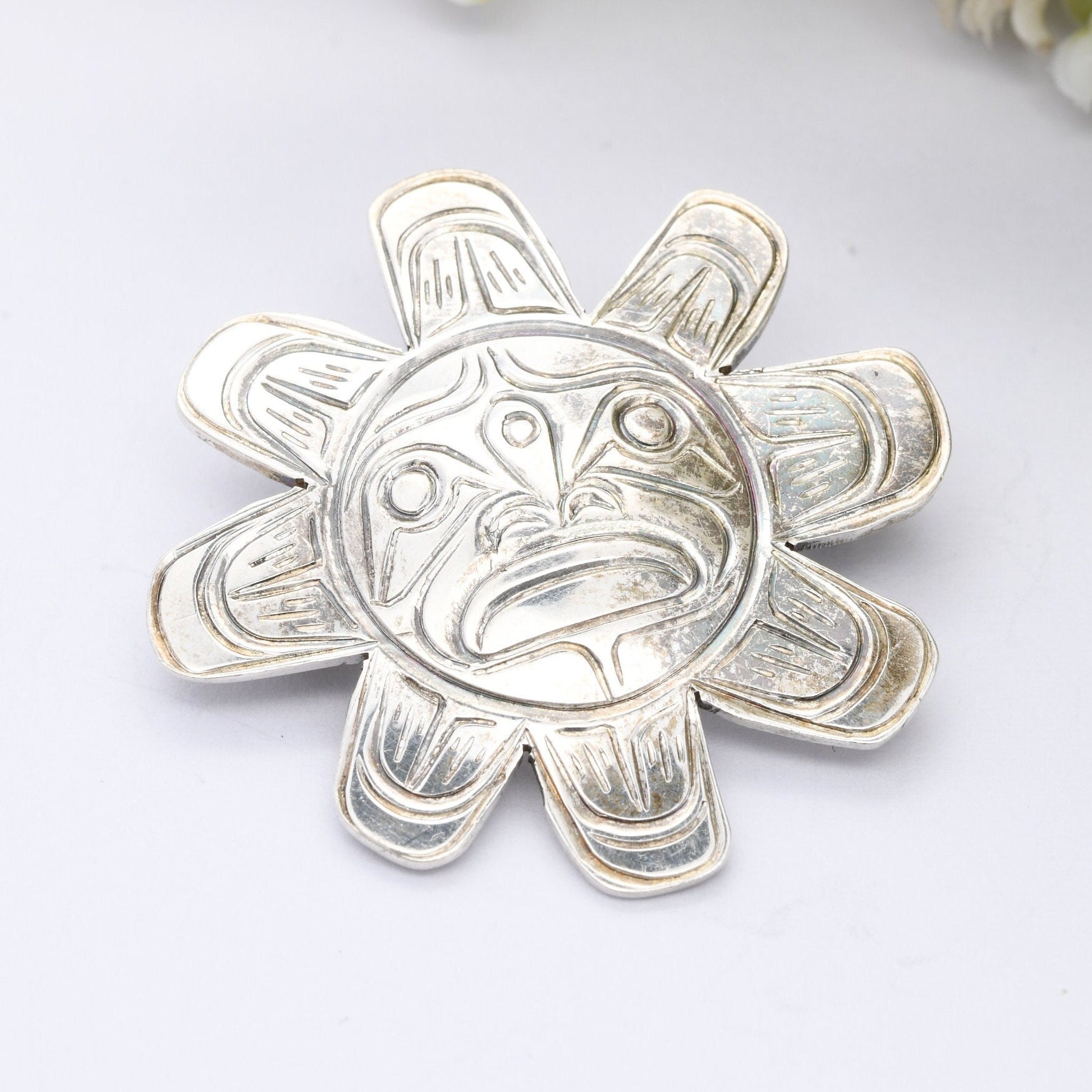 Vintage First Nations Sun Brooch Pendant Sterling Silver - Signed by Artist | Kwakwakaʼwakw Lancaster