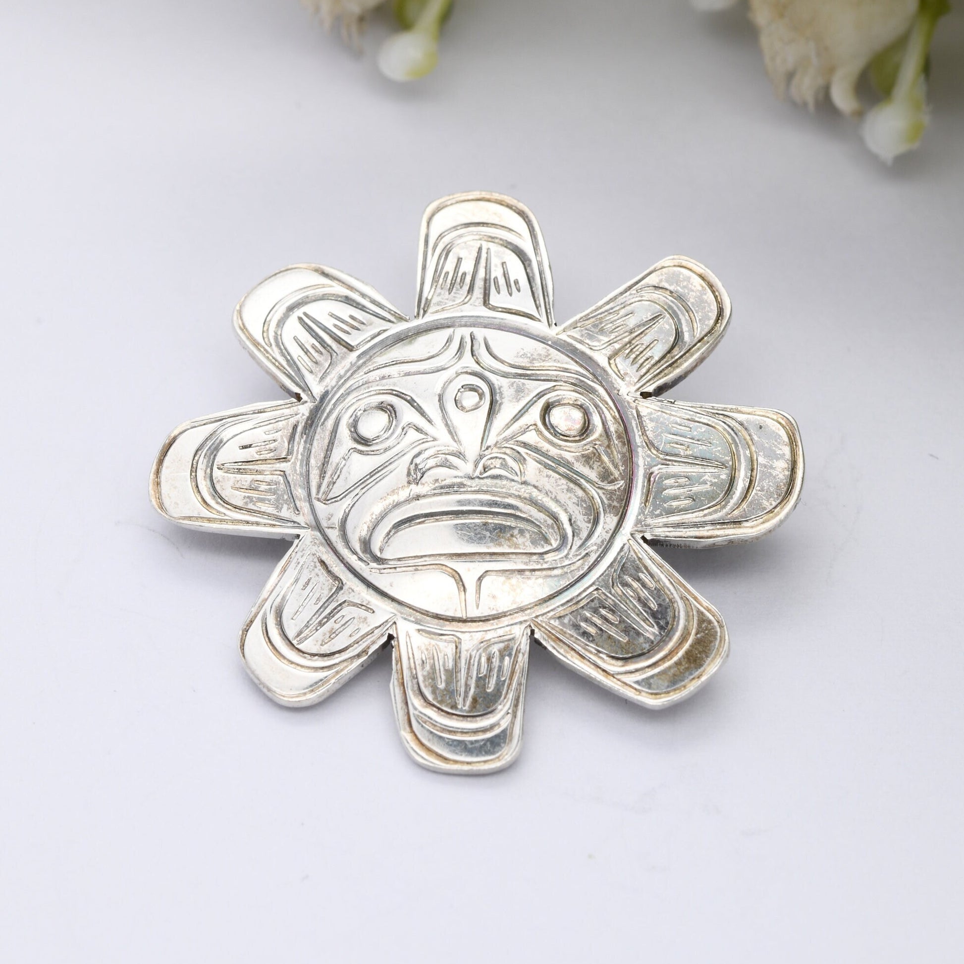 Vintage First Nations Sun Brooch Pendant Sterling Silver - Signed by Artist | Kwakwakaʼwakw Lancaster