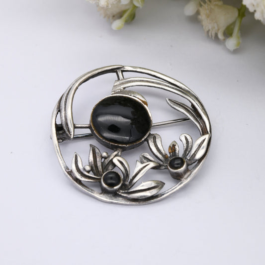 Vintage Sterling Silver Onyx Leaf Brooch - Openwork Flower Design | Artistic Circle Shape