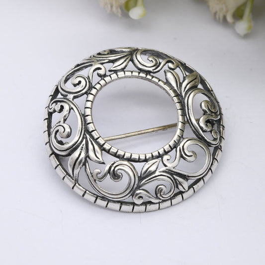 Vintage Sterling Silver Scrolling Wreath Brooch - Openwork Floral Leaves