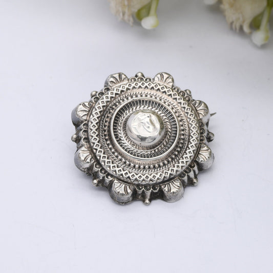 Antique Victorian Sterling Silver Brooch 1886 - Victorian Aesthetic Etruscan Revival | Textured Circle with Granulation