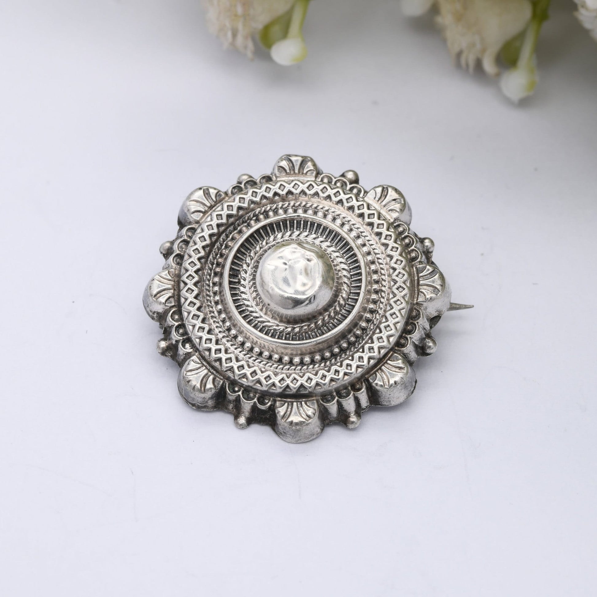 Antique Victorian Sterling Silver Brooch 1886 - Victorian Aesthetic Etruscan Revival | Textured Circle with Granulation