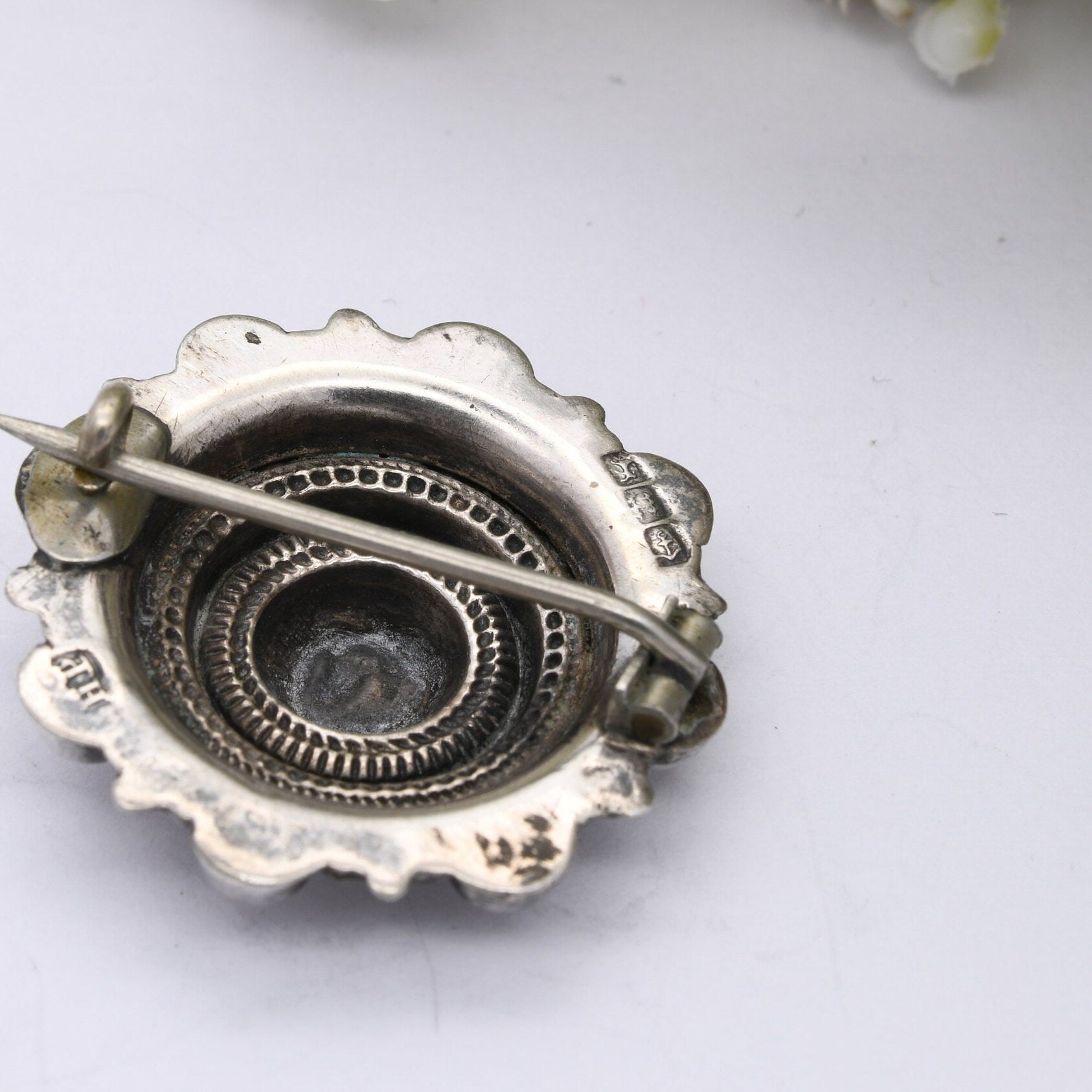 Antique Victorian Sterling Silver Brooch 1886 - Victorian Aesthetic Etruscan Revival | Textured Circle with Granulation
