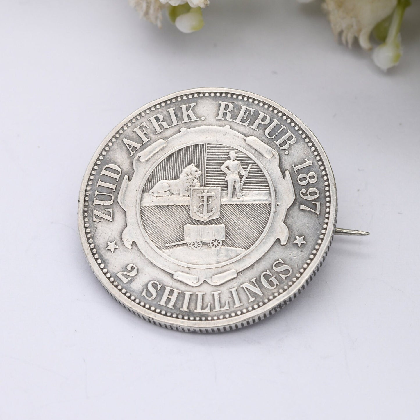 Antique 1897 2 Shillings South Africa Coin Brooch - Johannes Paulus Kruger Zuid Afrikaansche Republiek | Silver Coin Jewellery