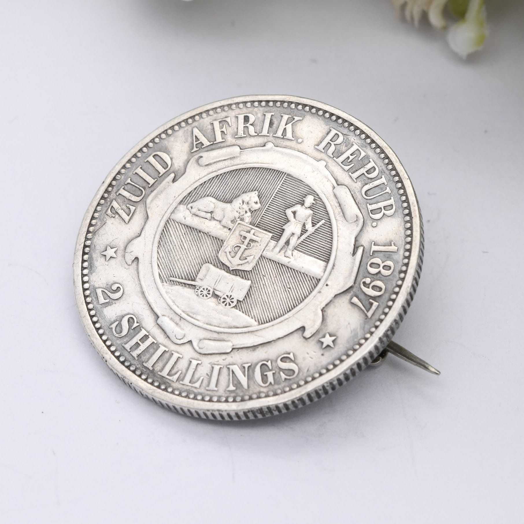 Antique 1897 2 Shillings South Africa Coin Brooch - Johannes Paulus Kruger Zuid Afrikaansche Republiek | Silver Coin Jewellery