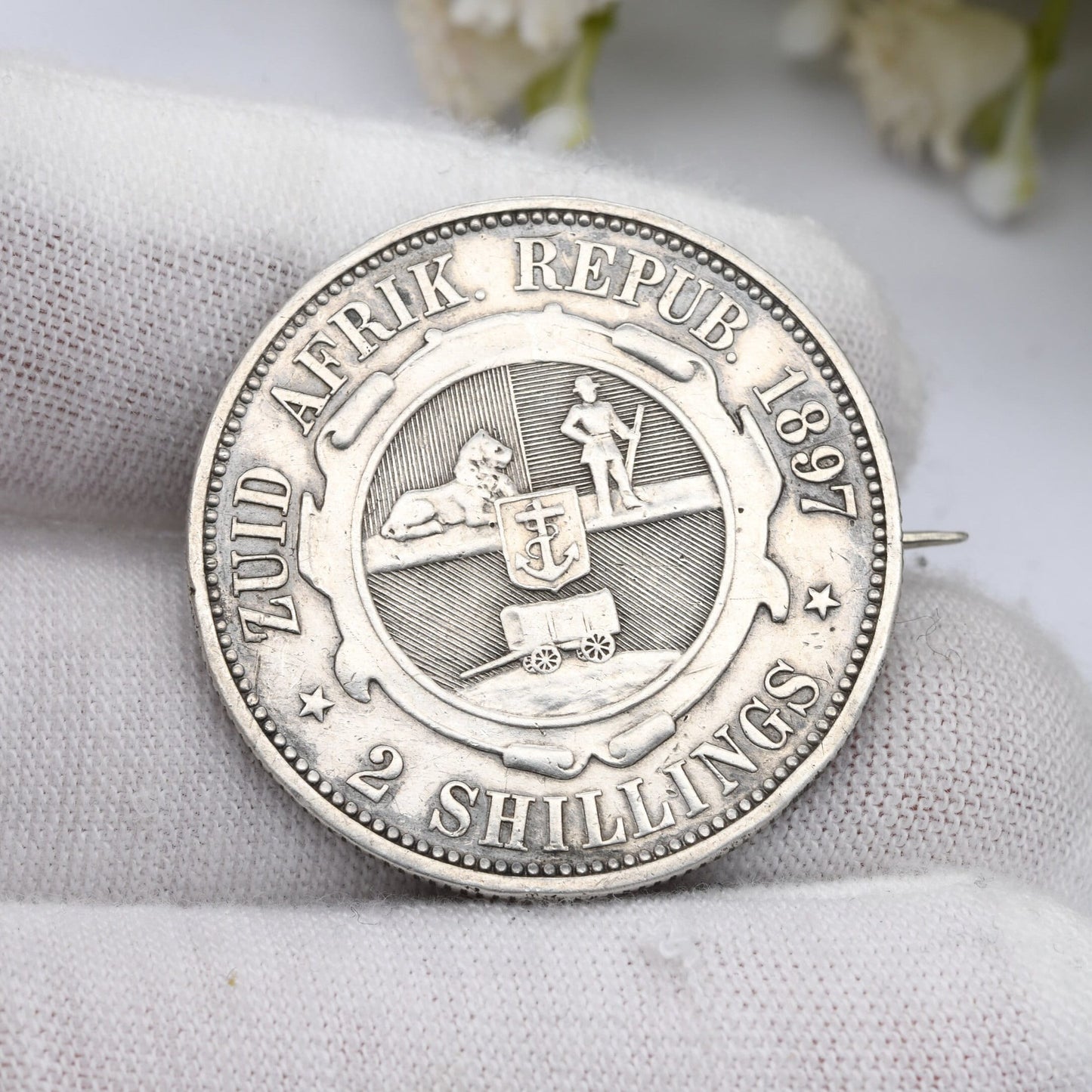 Antique 1897 2 Shillings South Africa Coin Brooch - Johannes Paulus Kruger Zuid Afrikaansche Republiek | Silver Coin Jewellery