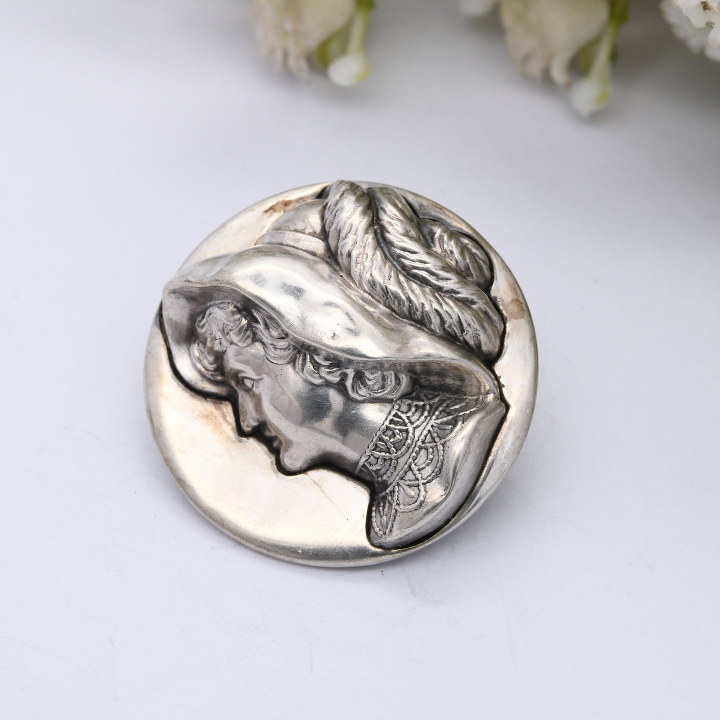 Antique Edwardian Woman Brooch 1909 by Arthur Johnson Smith - Repoussé Silver | Raised Relief Detailed Profile Face in Antique Hat