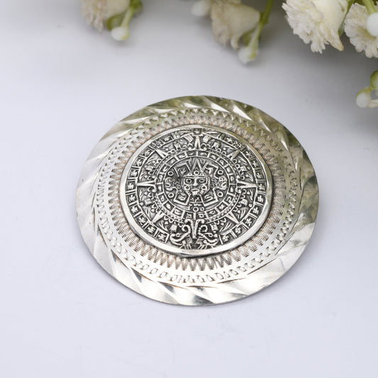 Vintage Mexican Sterling Silver Aztec Sun Stone Brooch Pendant - Hecho En Mexico Signed | Silver Stone Disk | Circular Design