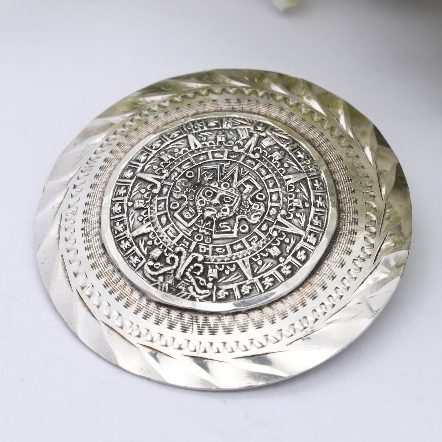 Vintage Mexican Sterling Silver Aztec Sun Stone Brooch Pendant - Hecho En Mexico Signed | Silver Stone Disk | Circular Design