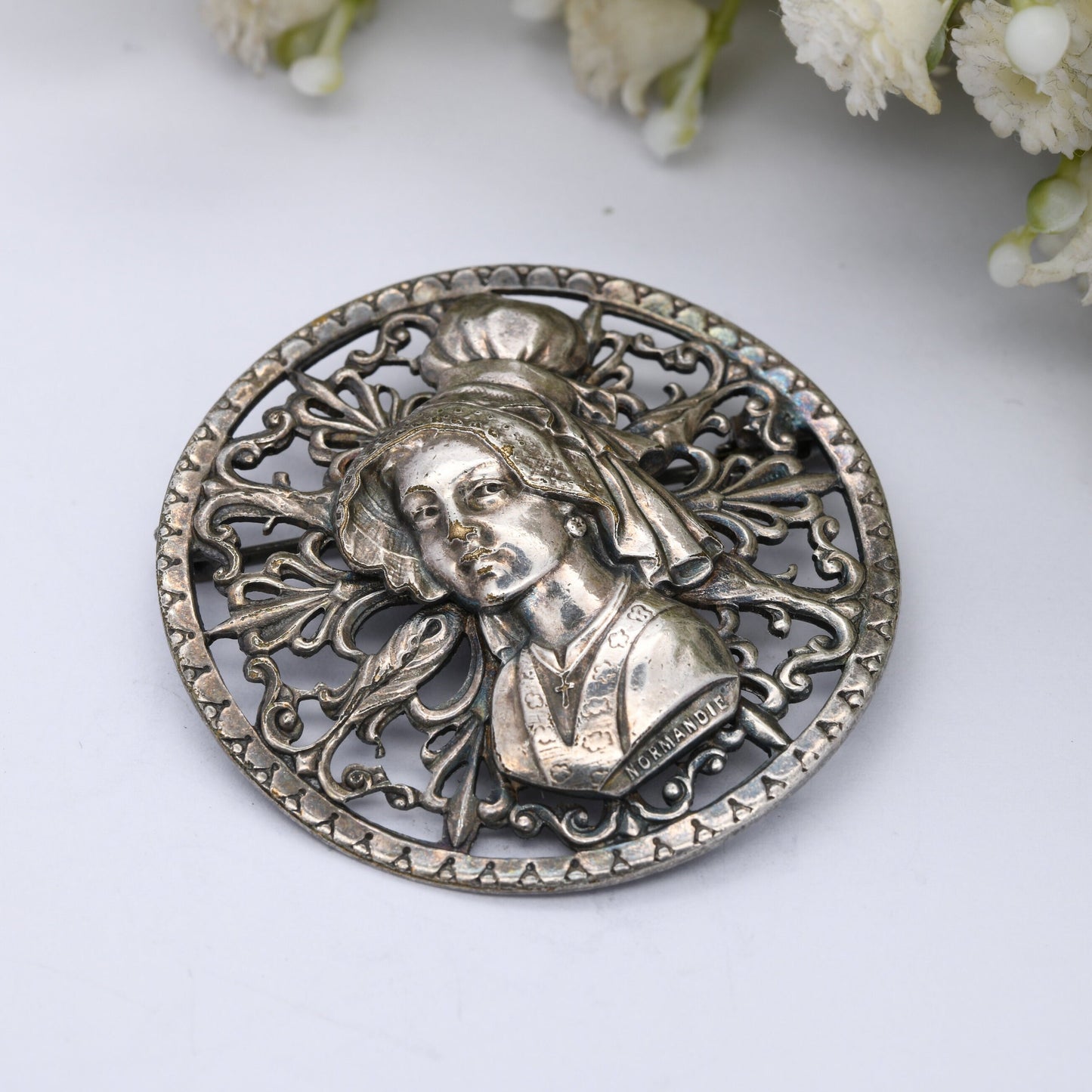 Vintage French Normandie Girl Brooch - Unusual Large Statement Jewellery | Repousse Young Woman's Face