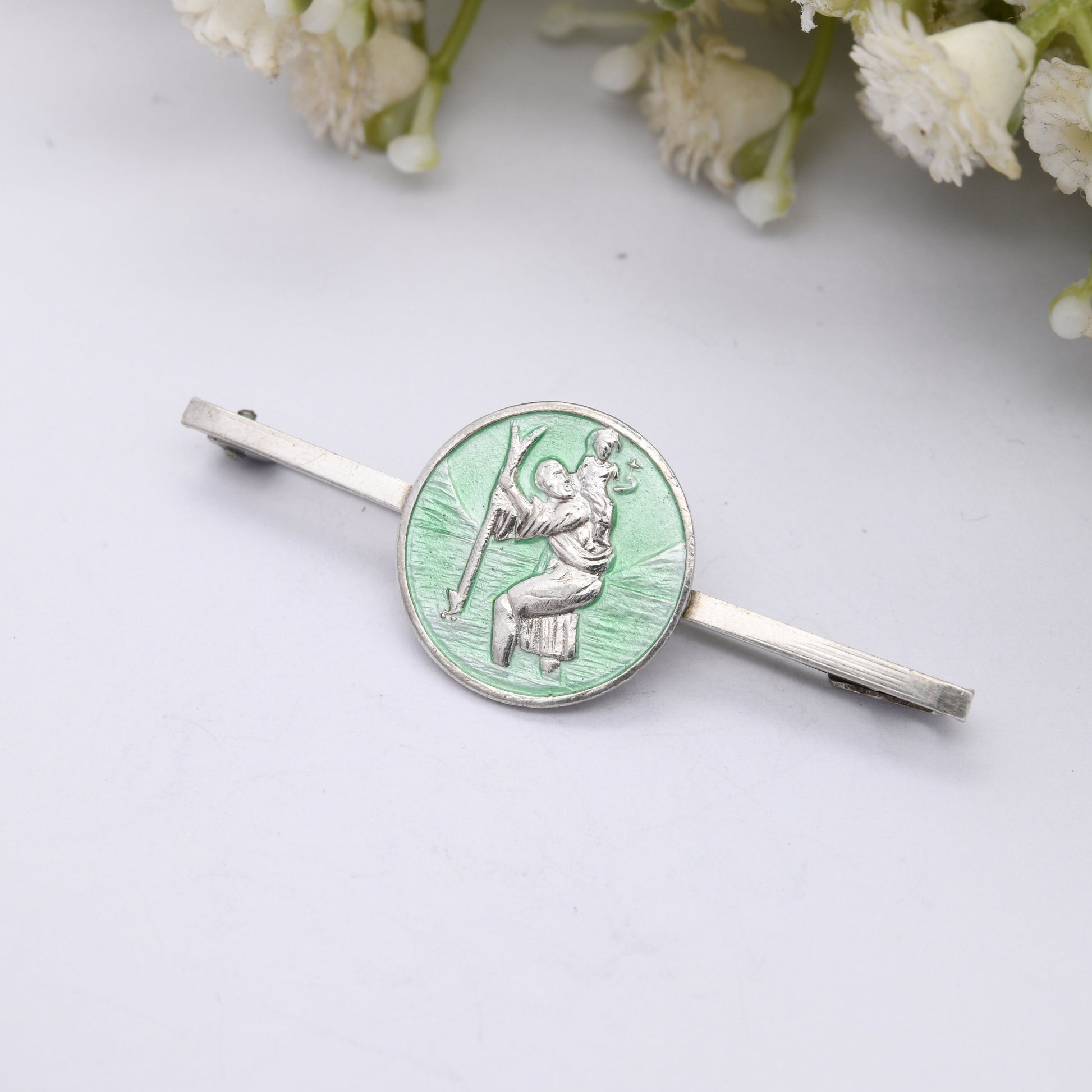 Vintage Sterling Silver Enamel St Christopher Bar Brooch - Saint of Travel | Religious Statement | Green