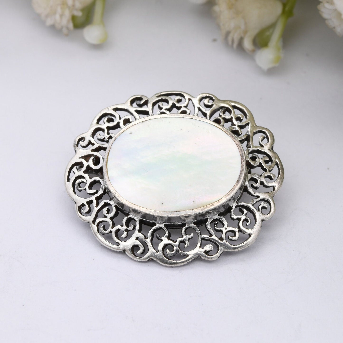 Vintage Sterling Silver Mother of Pearl Brooch - Ornate Scrolling Design | Oval Shape