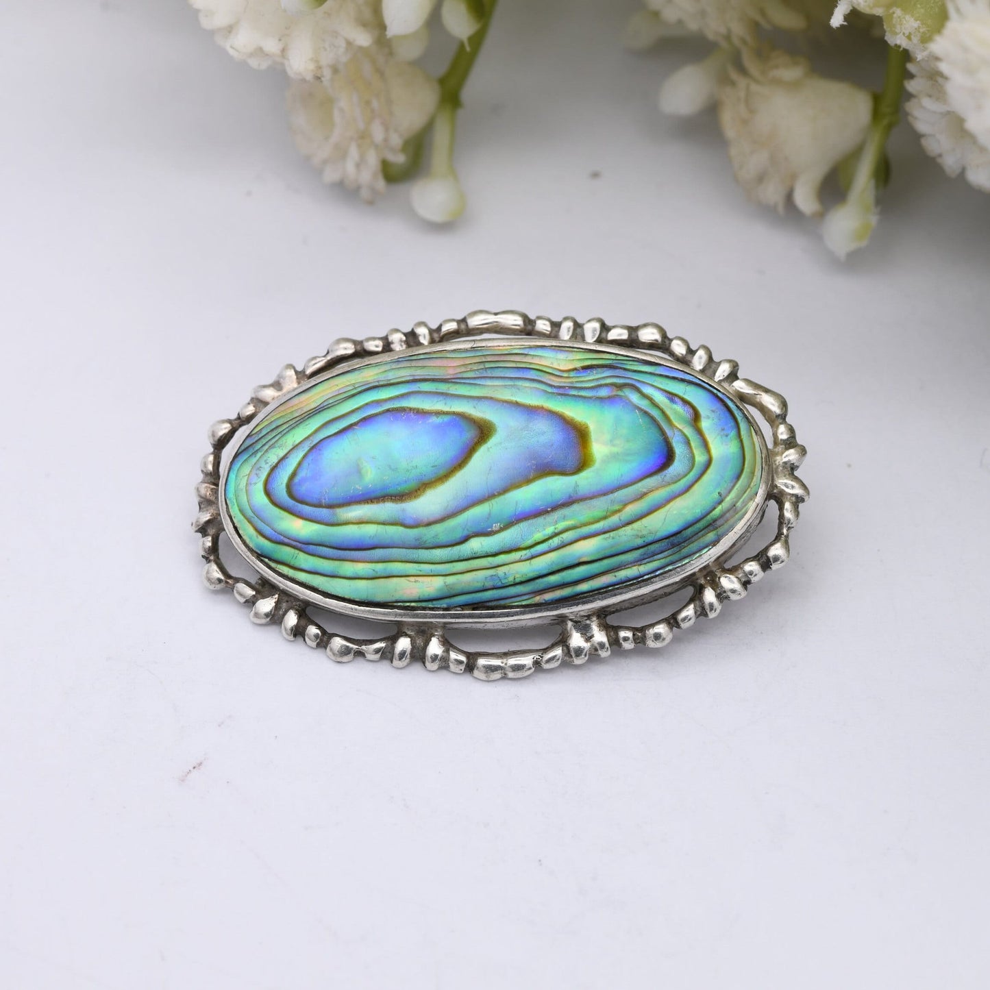 Vintage Sterling Silver Abalone Shell Brooch - Ornate Design | Oval Shape