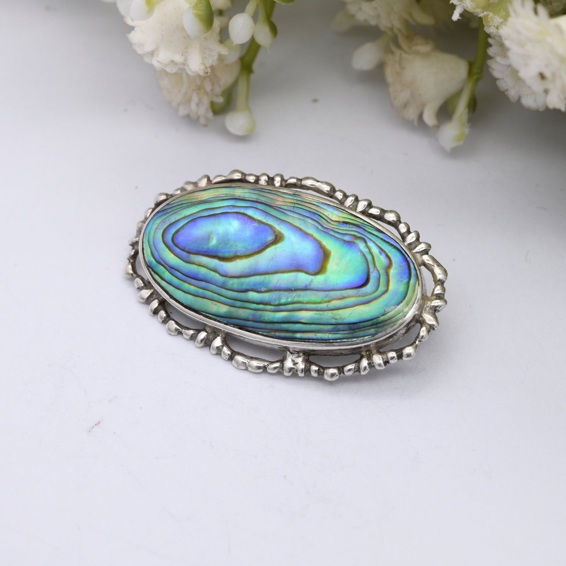 Vintage Sterling Silver Abalone Shell Brooch - Ornate Design | Oval Shape