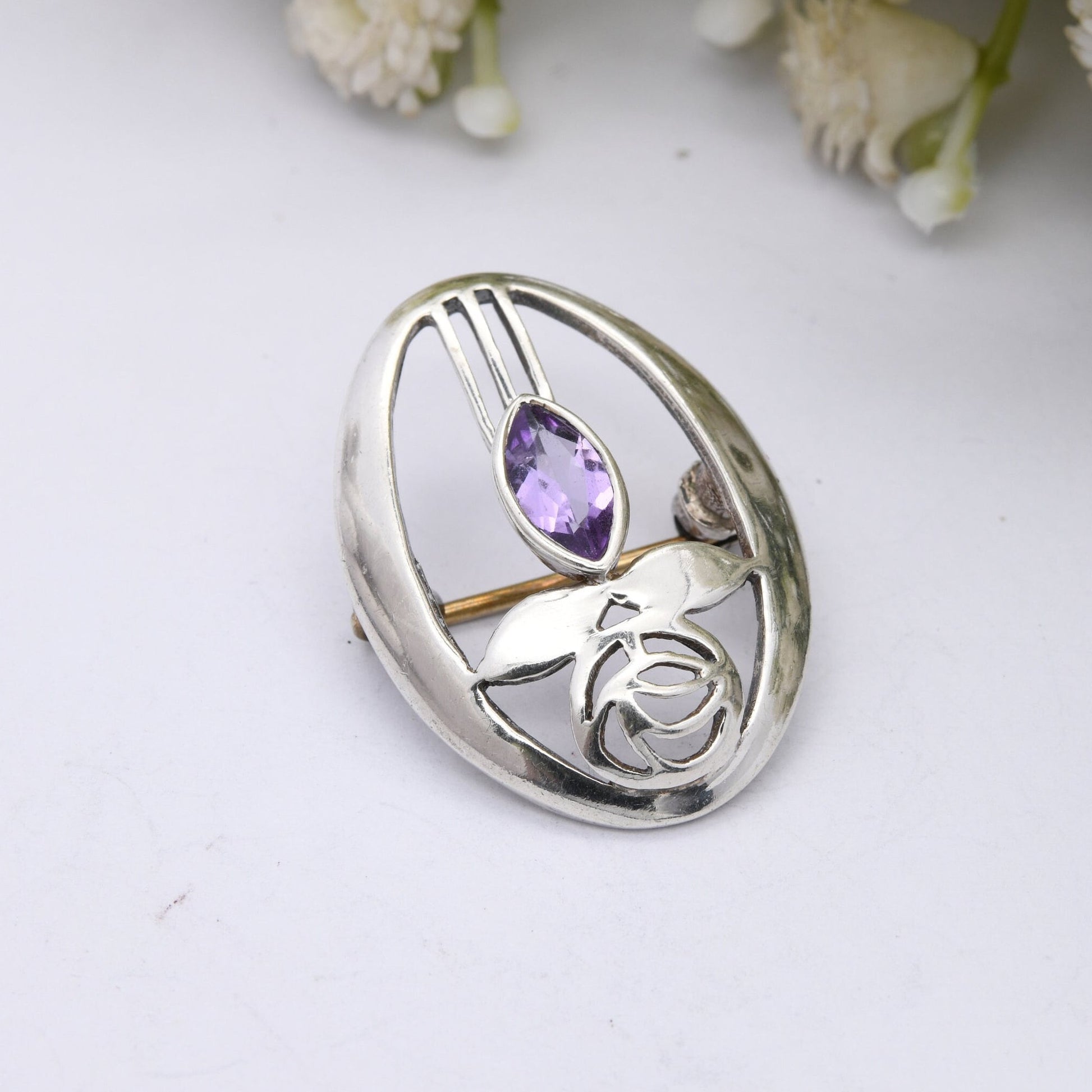 Vintage Scottish Sterling Silver Amethyst Glasgow Rose Brooch - Mackintosh Stained Glass Window Style | Celtic Flower Design