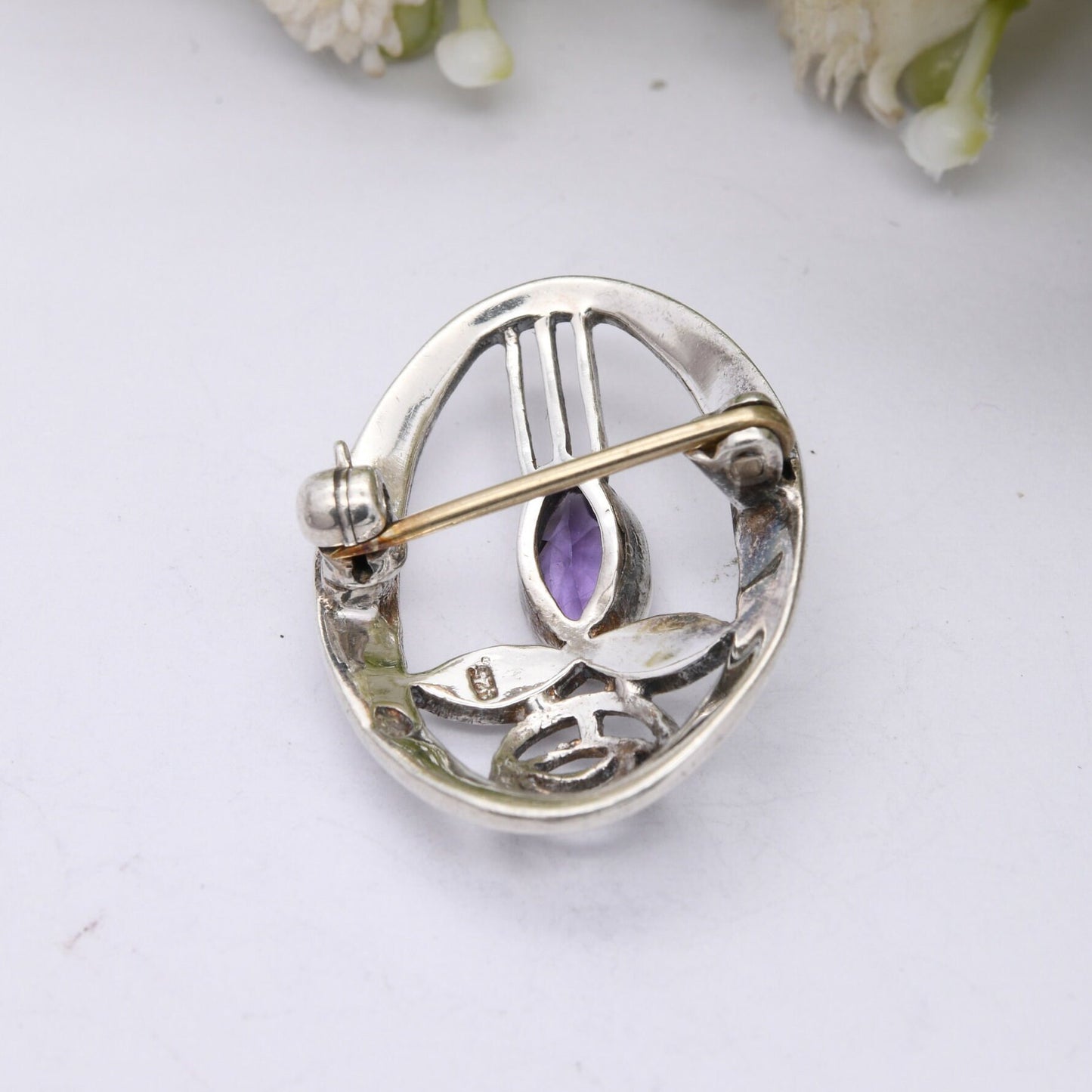 Vintage Scottish Sterling Silver Amethyst Glasgow Rose Brooch - Mackintosh Stained Glass Window Style | Celtic Flower Design