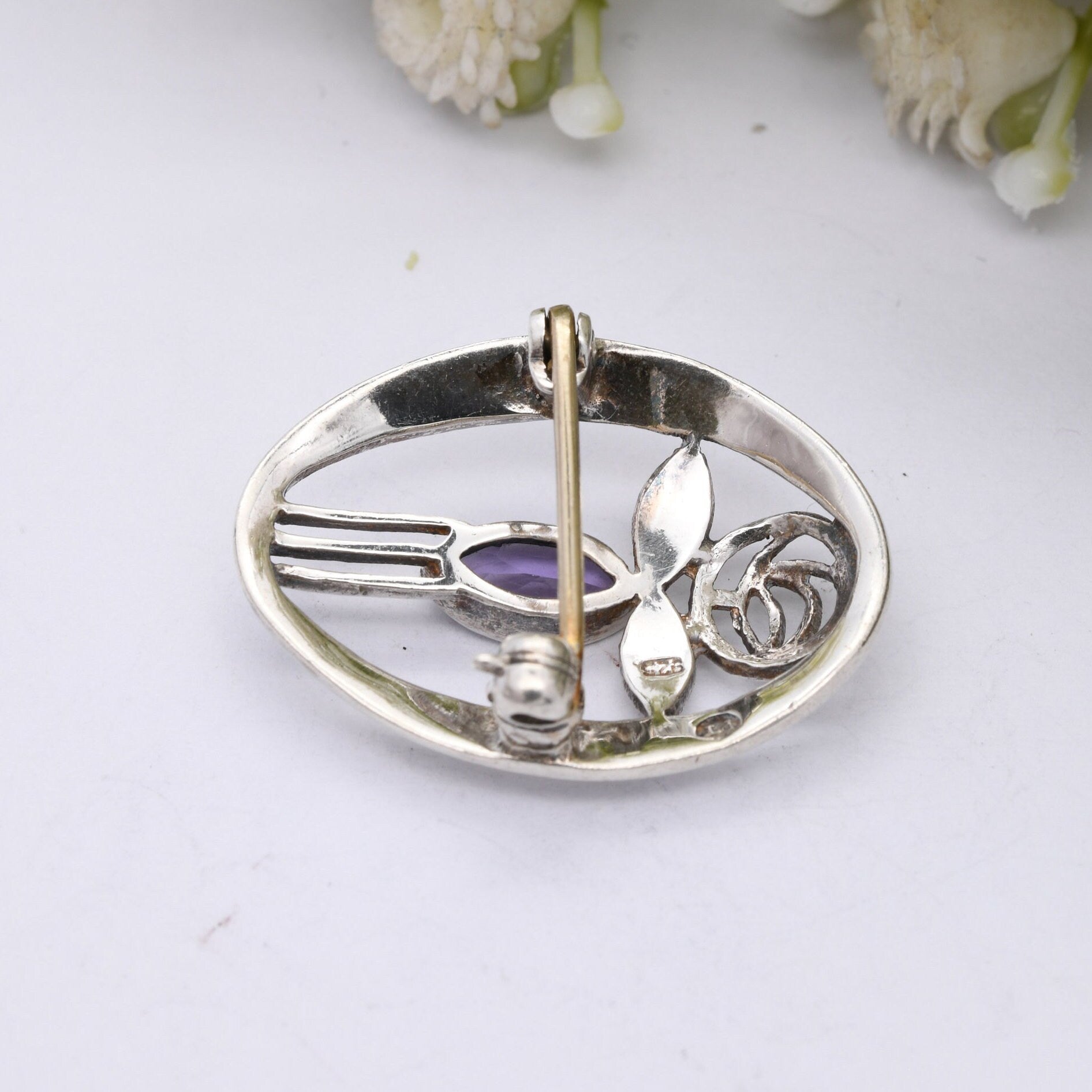 Vintage Scottish Sterling Silver Amethyst Glasgow Rose Brooch - Mackintosh Stained Glass Window Style | Celtic Flower Design