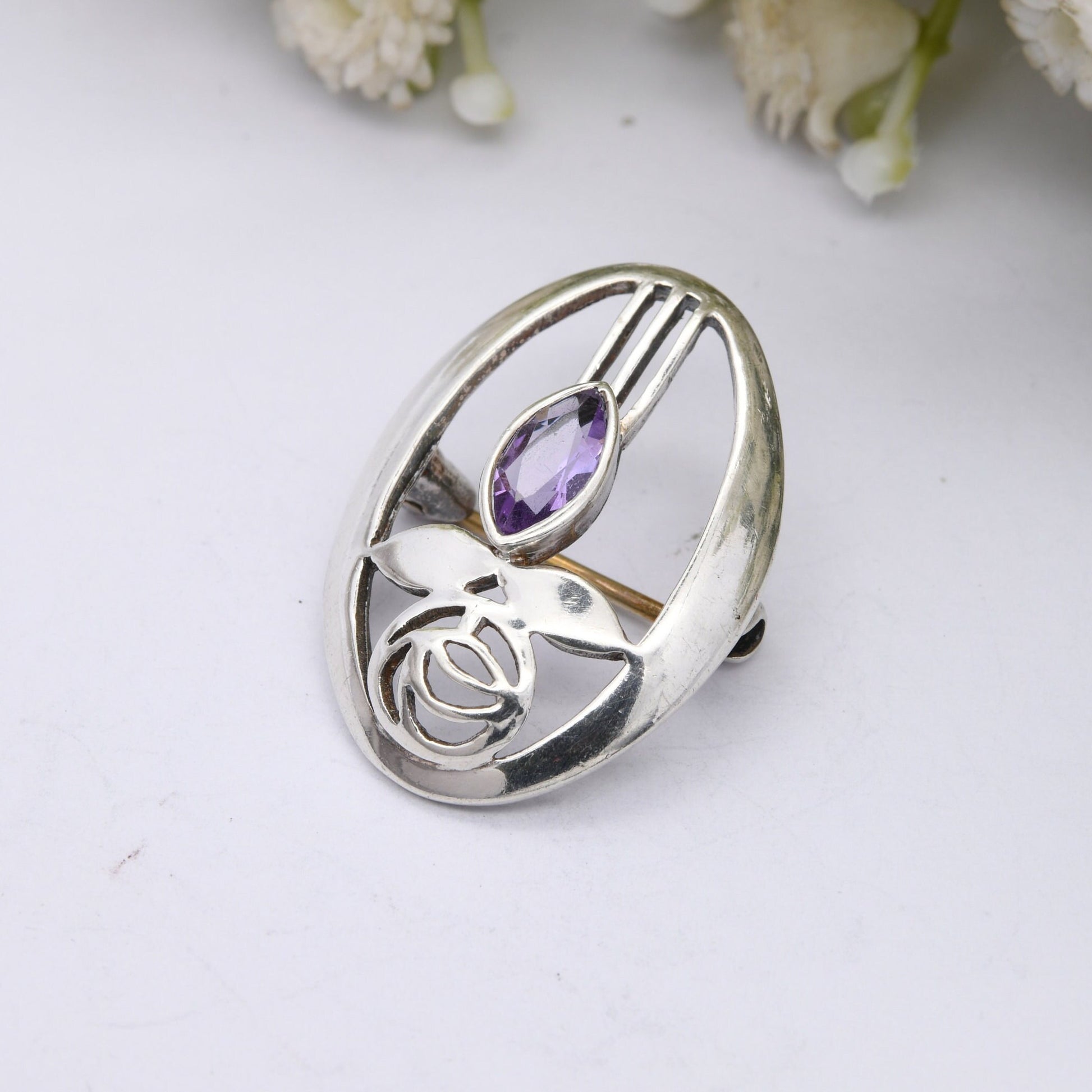 Vintage Scottish Sterling Silver Amethyst Glasgow Rose Brooch - Mackintosh Stained Glass Window Style | Celtic Flower Design