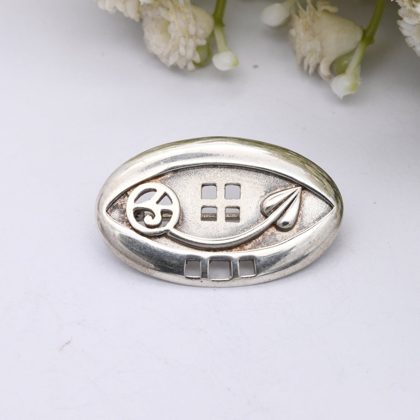 Vintage Celtic Sterling Silver Brooch - Scottish Window Design | Mackintosh Style Rose