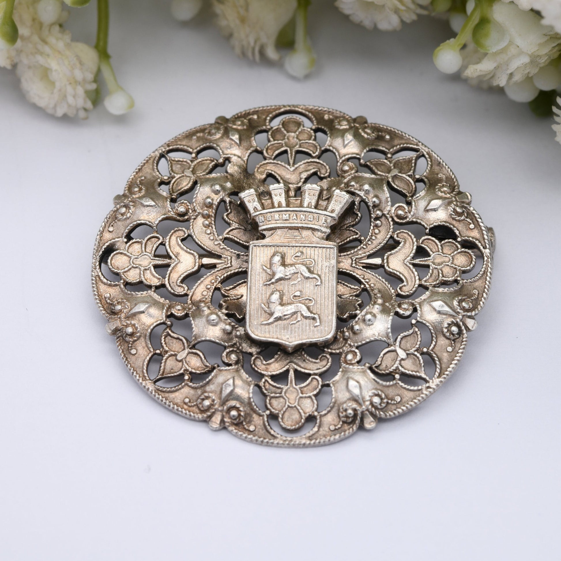 Vintage French Heraldic Silver Normandie Brooch - Reverse Pressed | Openwork Floral Design | Crest of Normandy