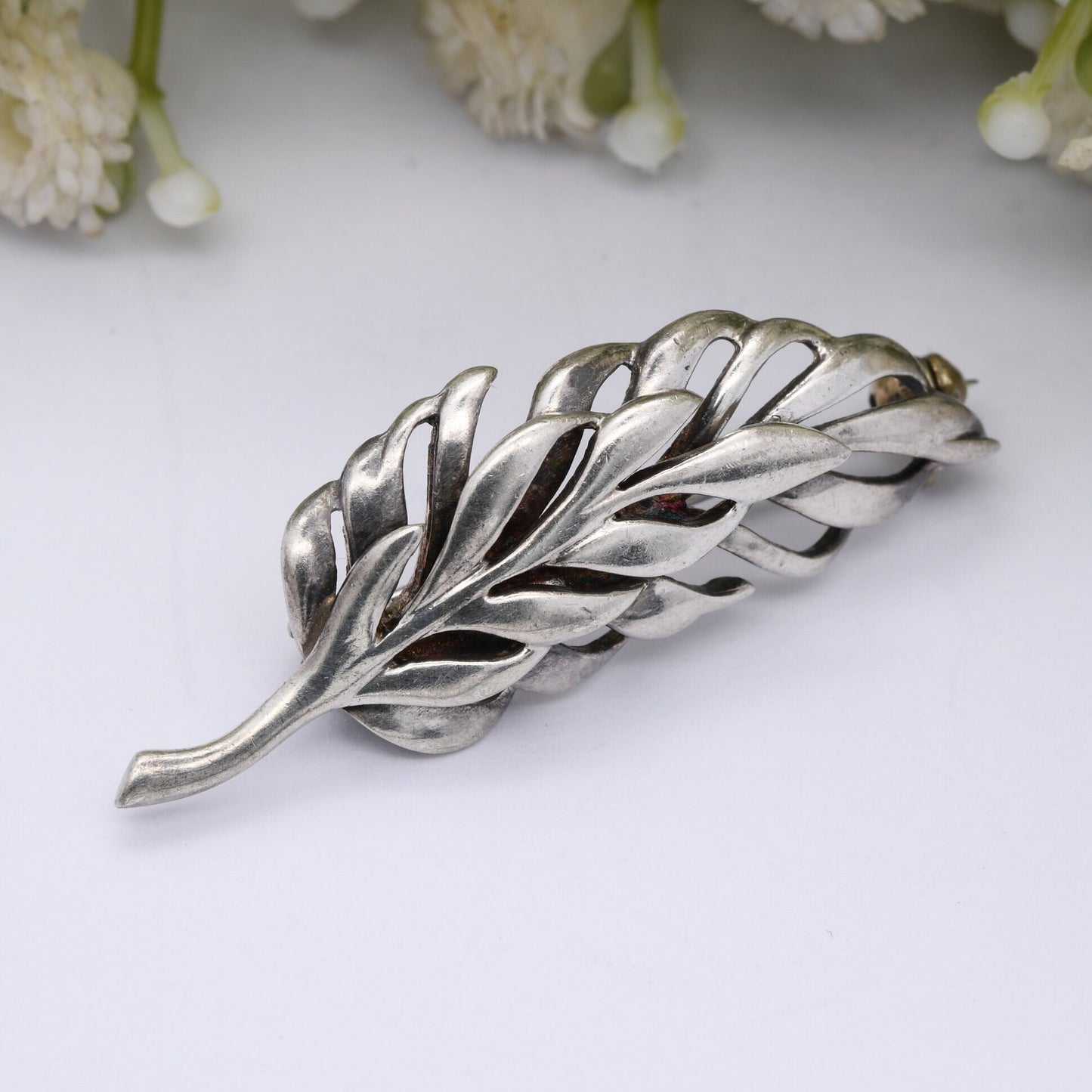 Vintage Sterling Silver Leaf Brooch - Modernist Minimalist Two Leaf Design