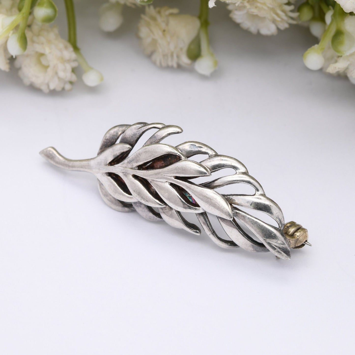 Vintage Sterling Silver Leaf Brooch - Modernist Minimalist Two Leaf Design