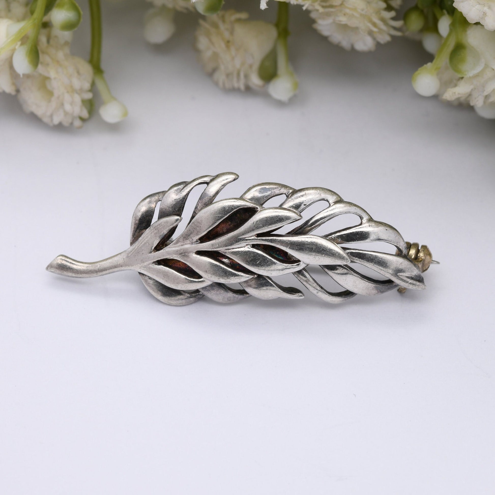 Vintage Sterling Silver Leaf Brooch - Modernist Minimalist Two Leaf Design