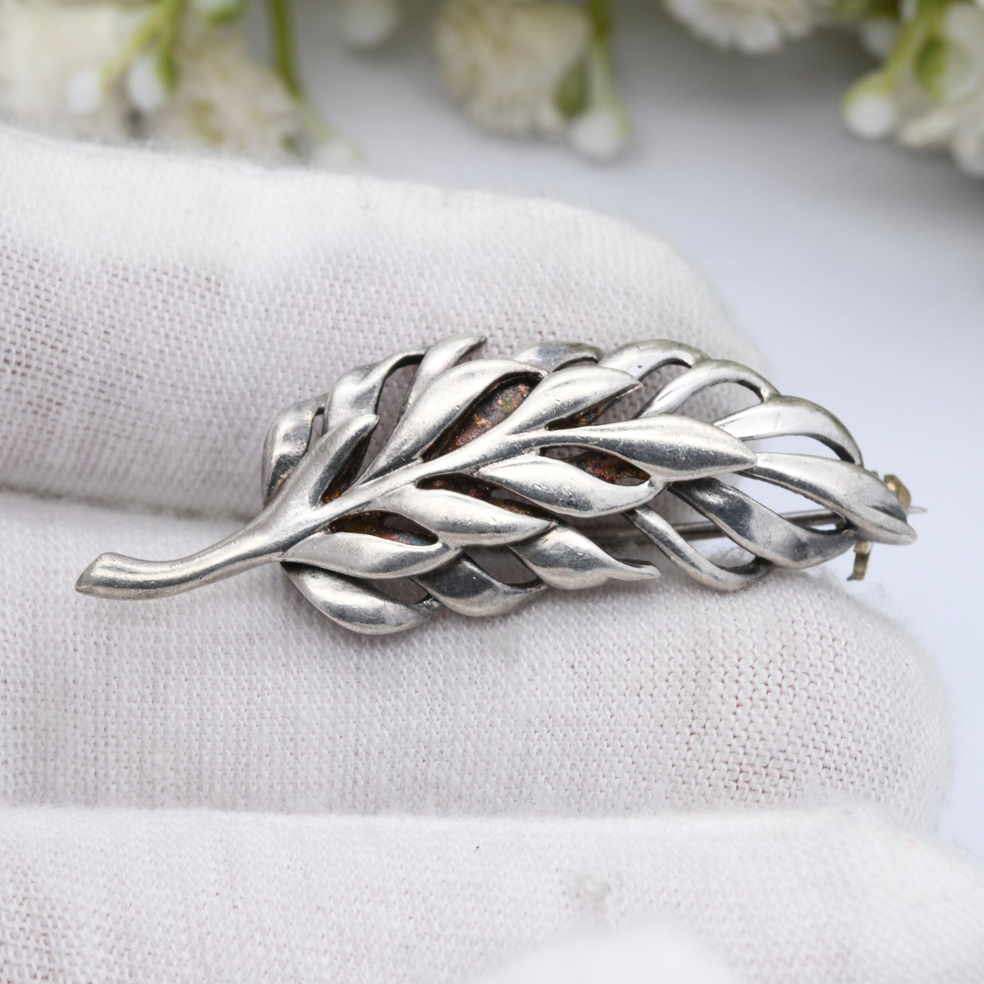 Vintage Sterling Silver Leaf Brooch - Modernist Minimalist Two Leaf Design