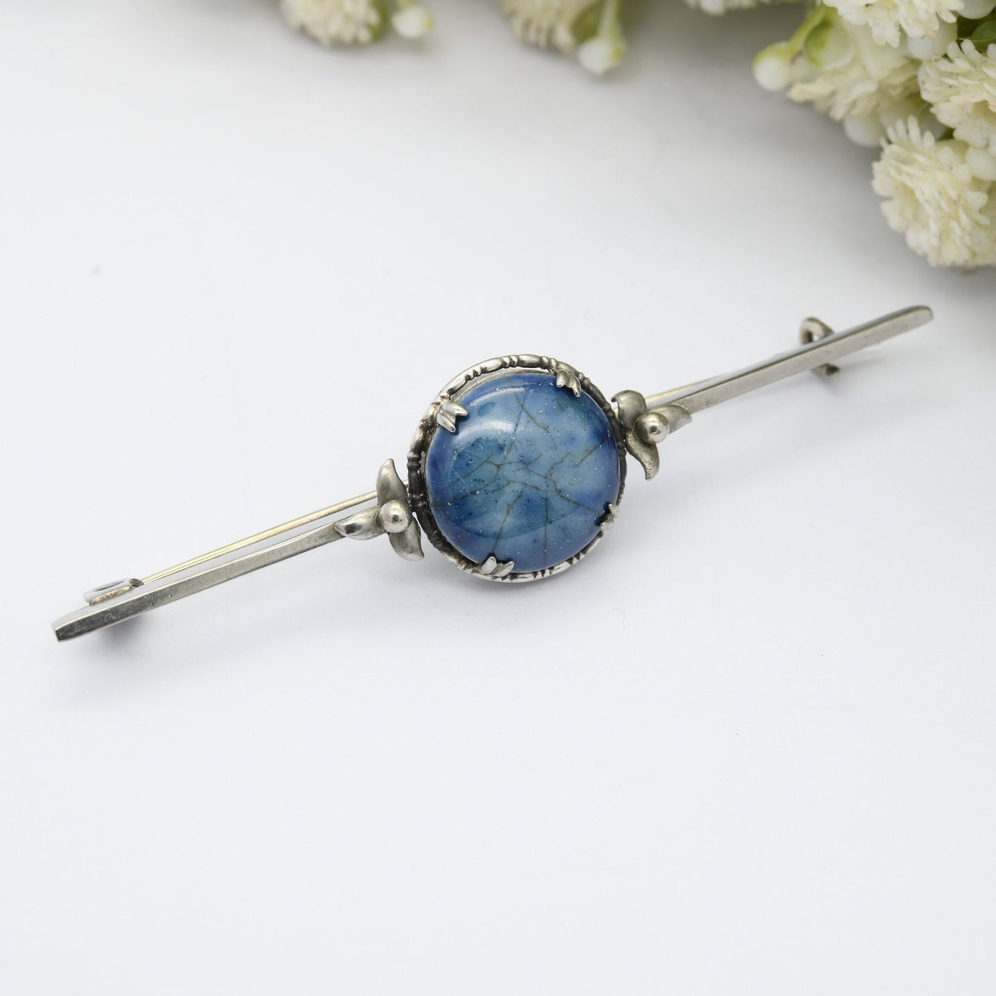 Antique Arts and Crafts Sterling Silver Bar Brooch with Glazed Blue Ceramic