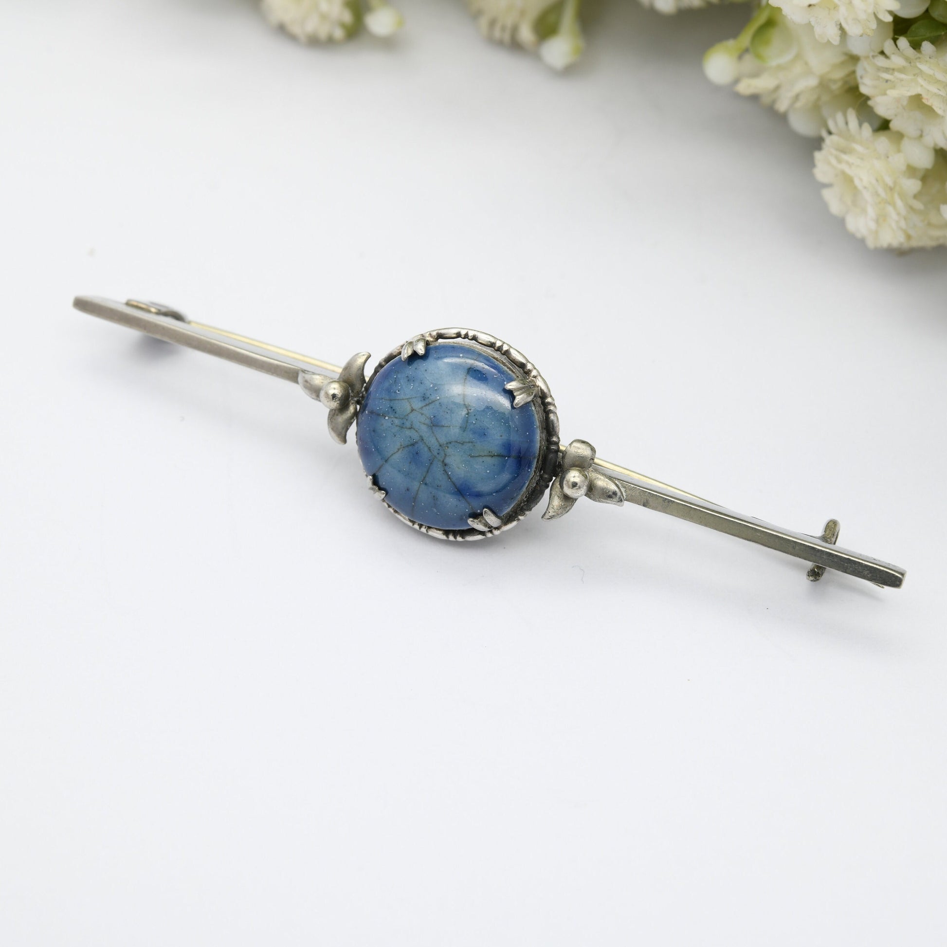 Antique Arts and Crafts Sterling Silver Bar Brooch with Glazed Blue Ceramic