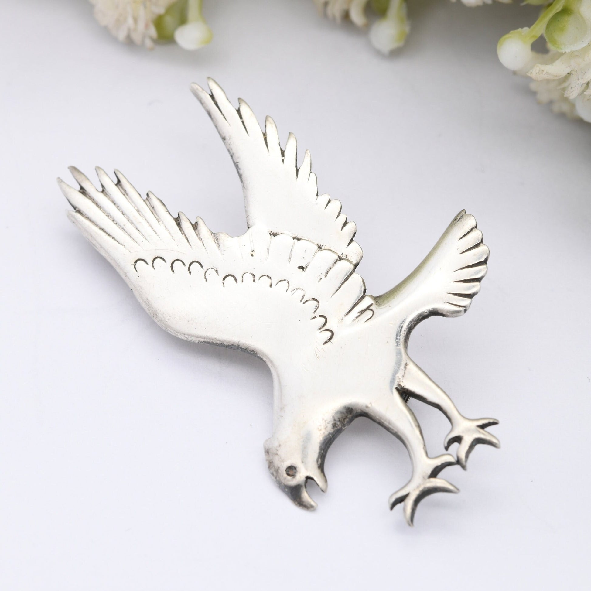 Vintage Ola Gorie Sterling Silver Flying Osprey Brooch - Sea Hawk Eagle | Scottish Designer | Modernist Animal Jewellery