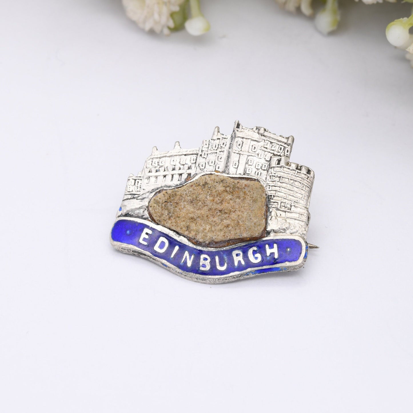 Vintage Edinburgh Castle Sterling Silver Souvenir Brooch with Scottish Stone and Blue Enamel