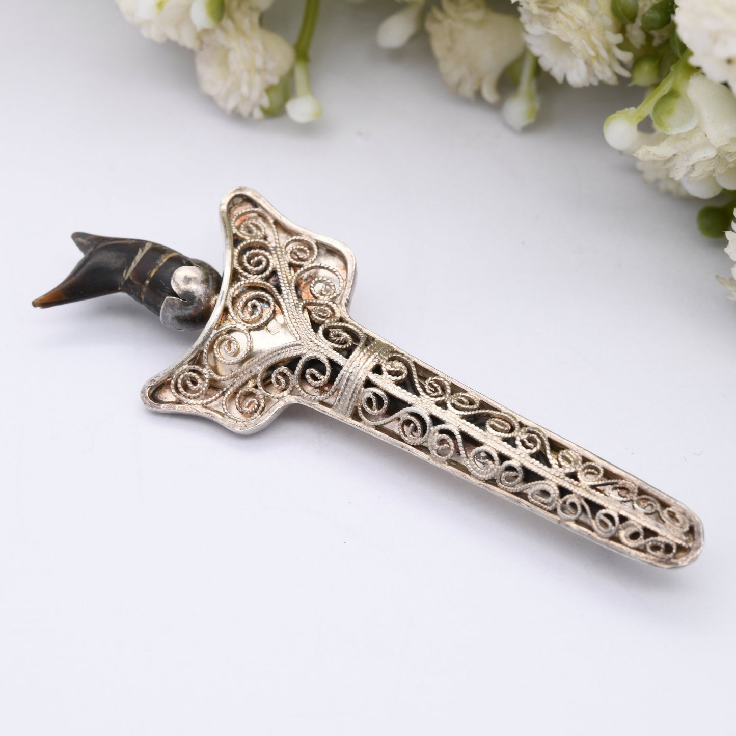 Vintage Filigree Silver and Horn Dagger Brooch Kris Keris - with Arabic Marks