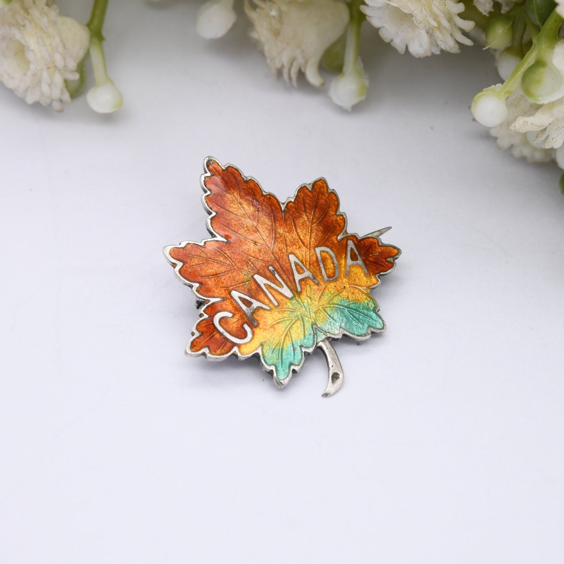 Antique Adie & Lovekin Sterling Silver Canada Maple Leaf Brooch - Green to Orange Enamel Gradient | Chester Hallmarks